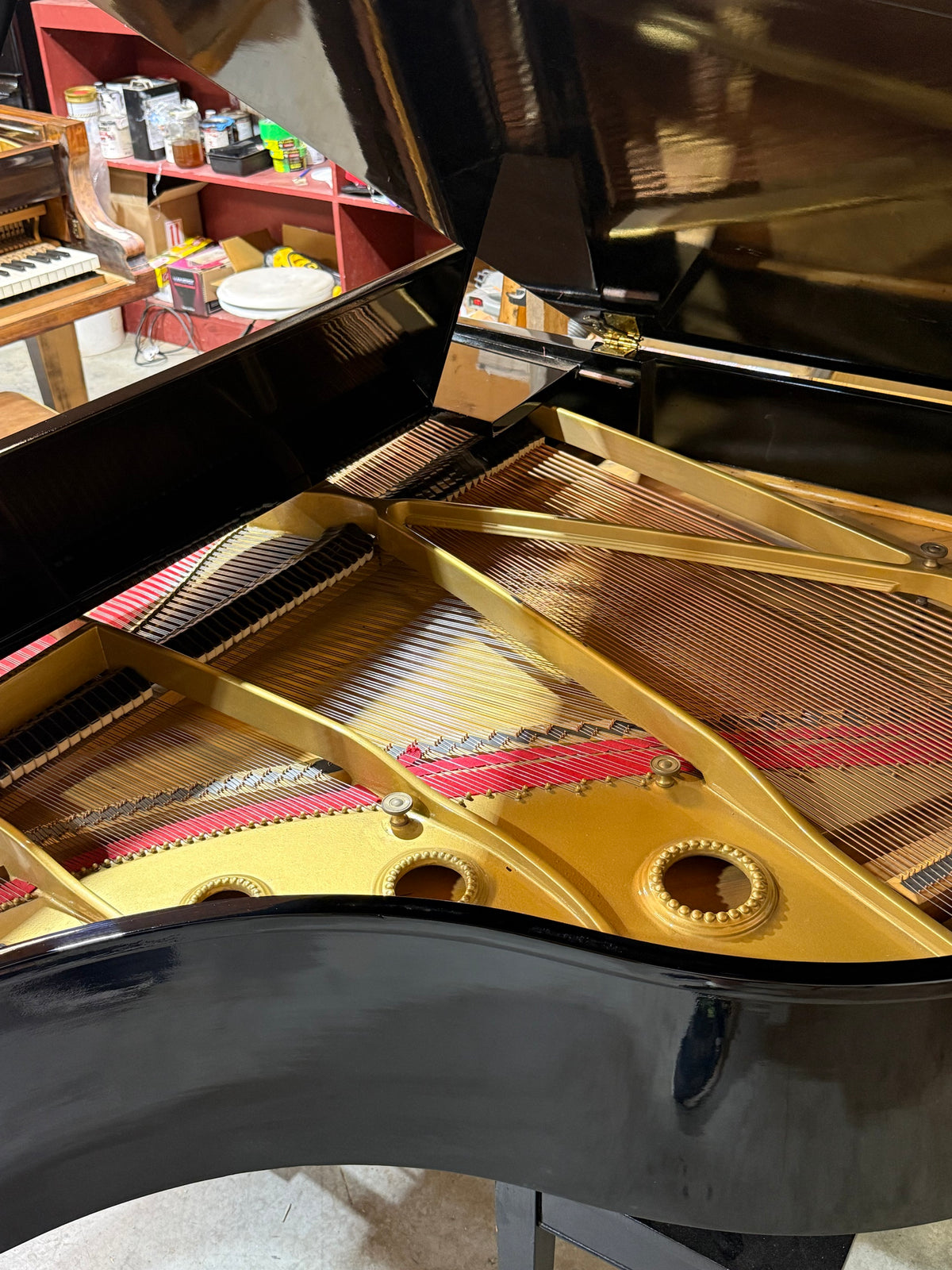 New strings and gold plate inside the restored Baldwin grand