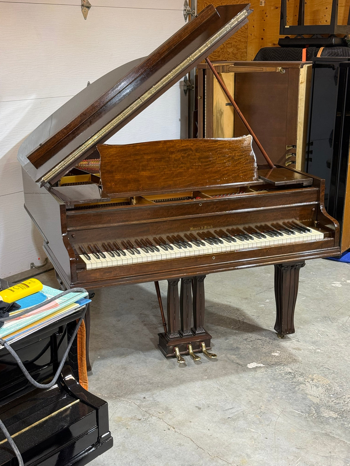 Mason & Risch Toronto grand with music desk and lid open