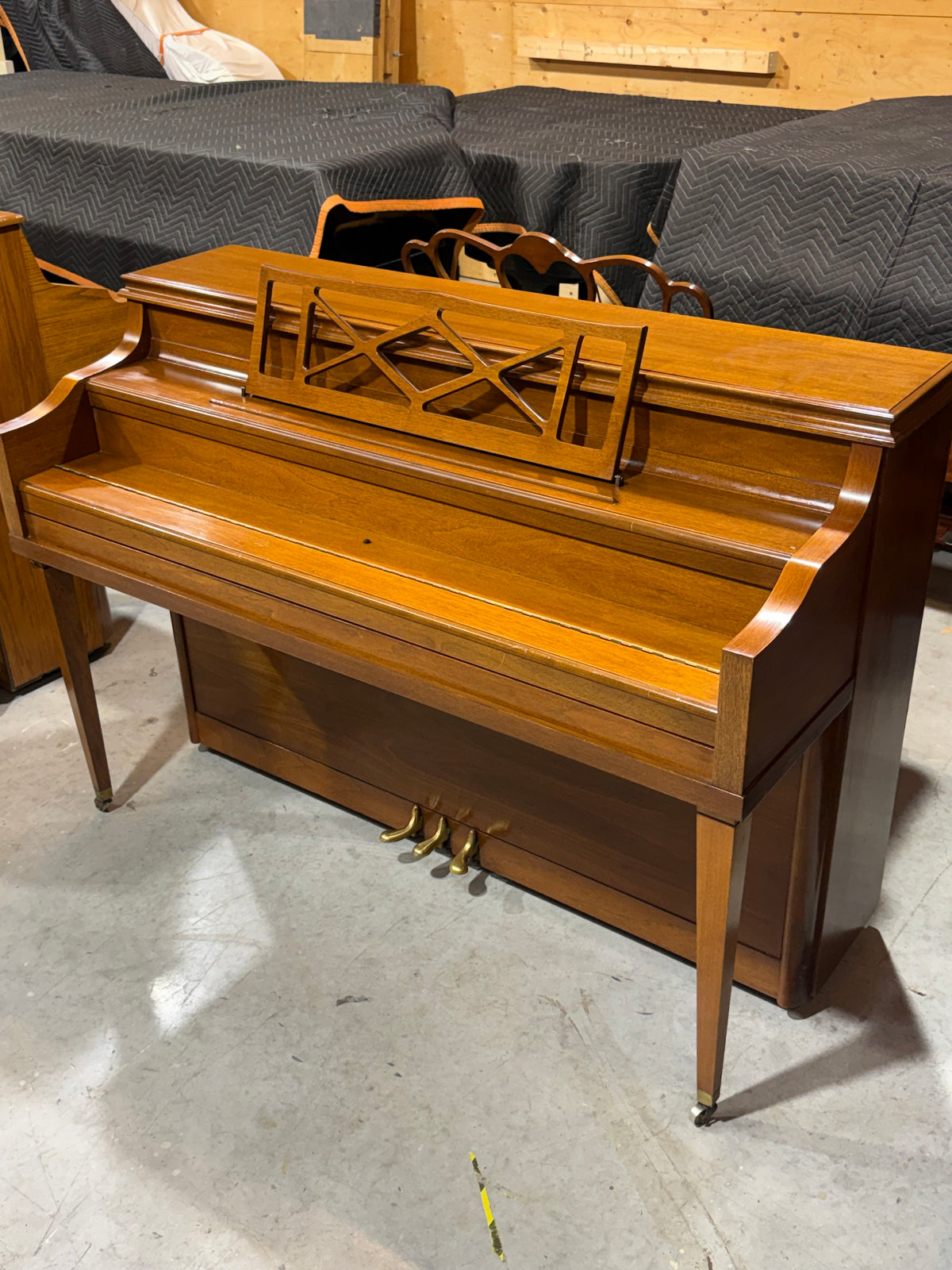 Walnut Mason & Risch console piano side view