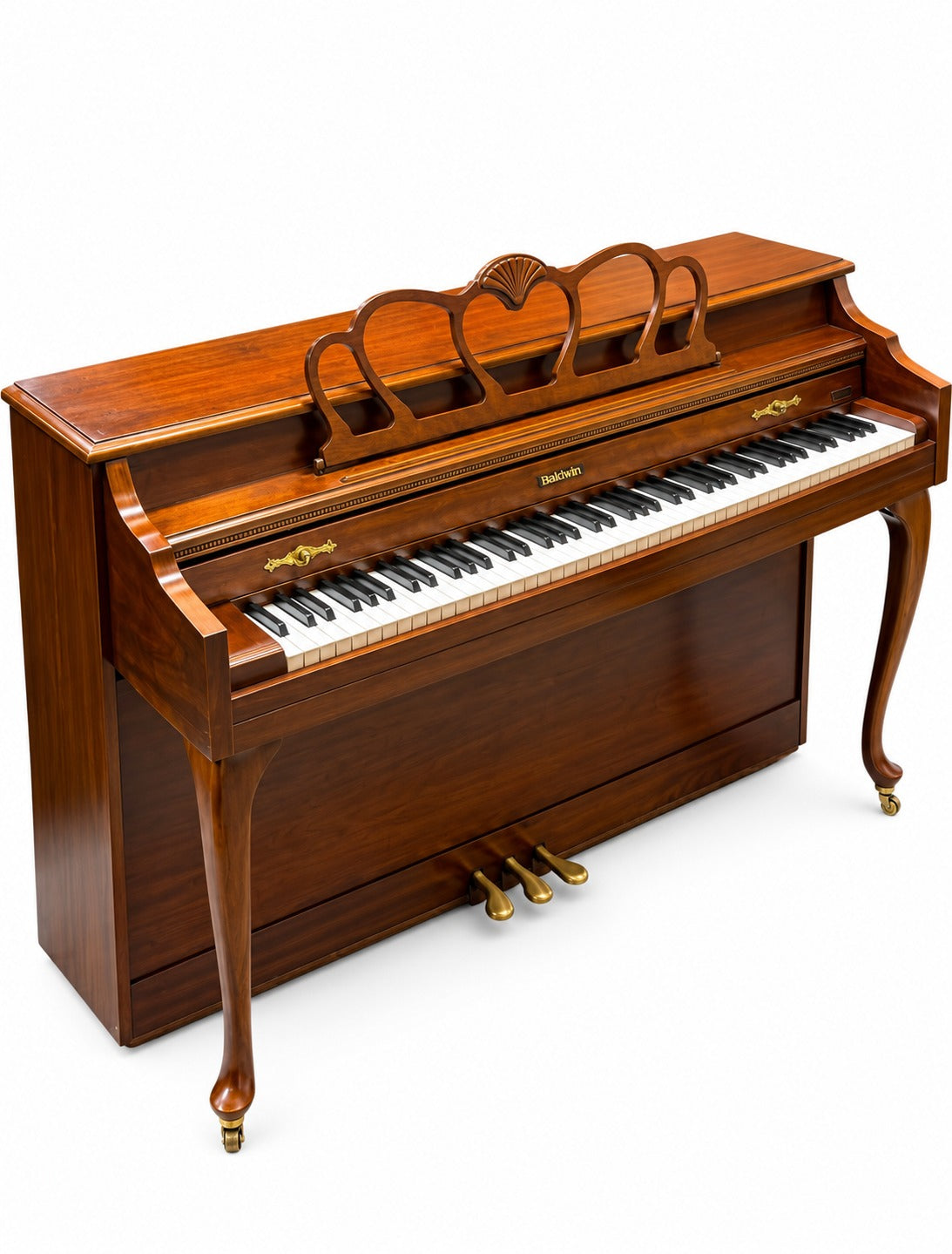 Baldwin Classic console piano in walnut with curved legs
