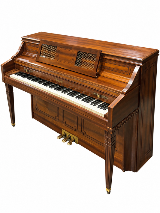Currier console piano in walnut finish with fluted legs