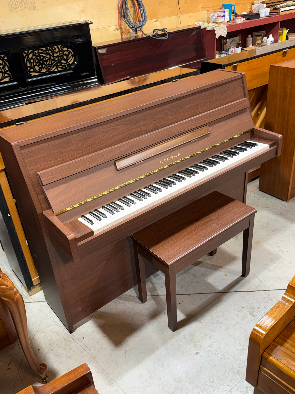 Used Yamaha Eterna upright piano walnut with bench
