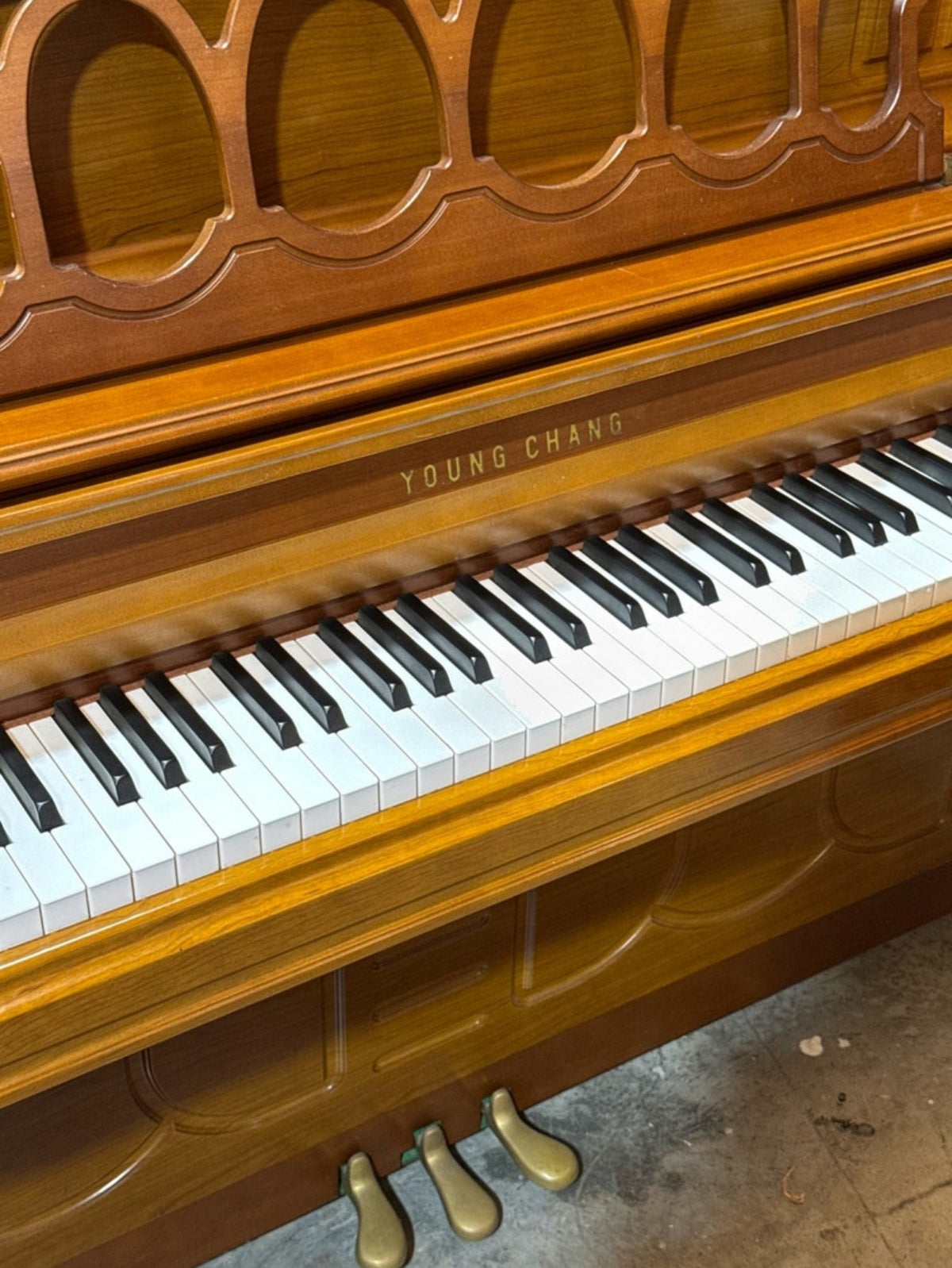 Young Chang nameboard and keyboard close-up